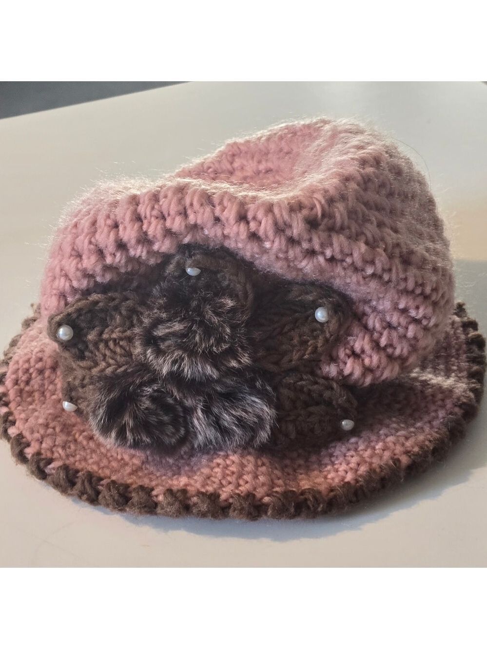 Handmade Pink and Brown Crochet Kids Hat with Flower Accent